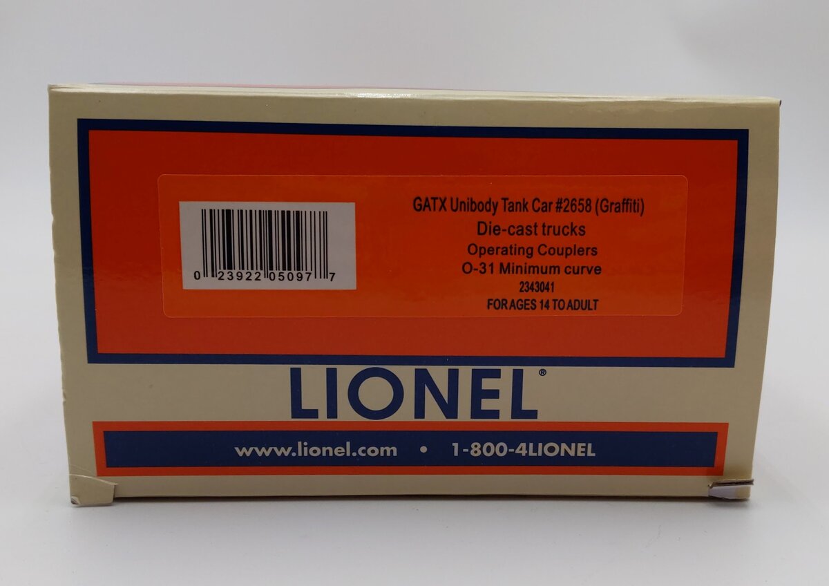 Lionel 2343041 O GATX Graffiti Unibody Tank Car #2658