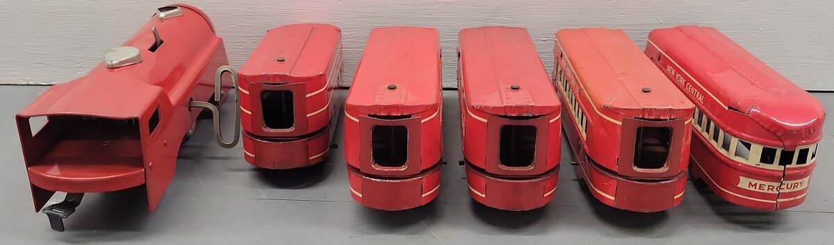Marx O Gauge Prewar NYC Red Mercury Wind up Steam Passenger Set VG