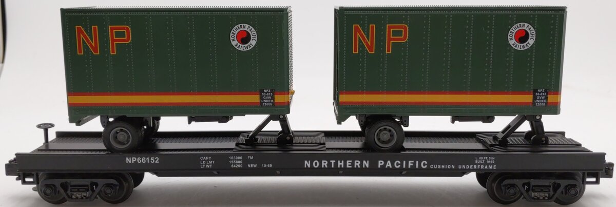 MTH 20-98105 Northern Pacific Flatcar with 2 Short NP Trailers #66152 EX/Box