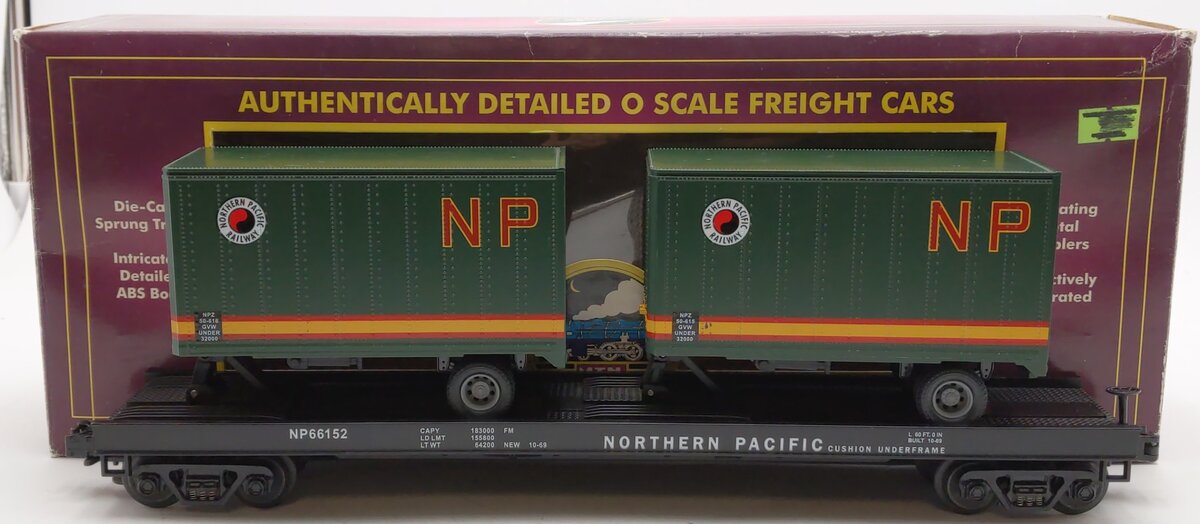 MTH 20-98105 Northern Pacific Flatcar with 2 Short NP Trailers #66152 EX/Box