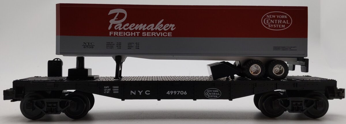 MTH 30-7608 O Gauge New York Central Pacemaker Flatcar with Trailer #499706 EX/Box