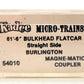 Micro-Trains 05400010 N Burlington Northern 61' Bulkhead Flatcar #621468 EX/Box