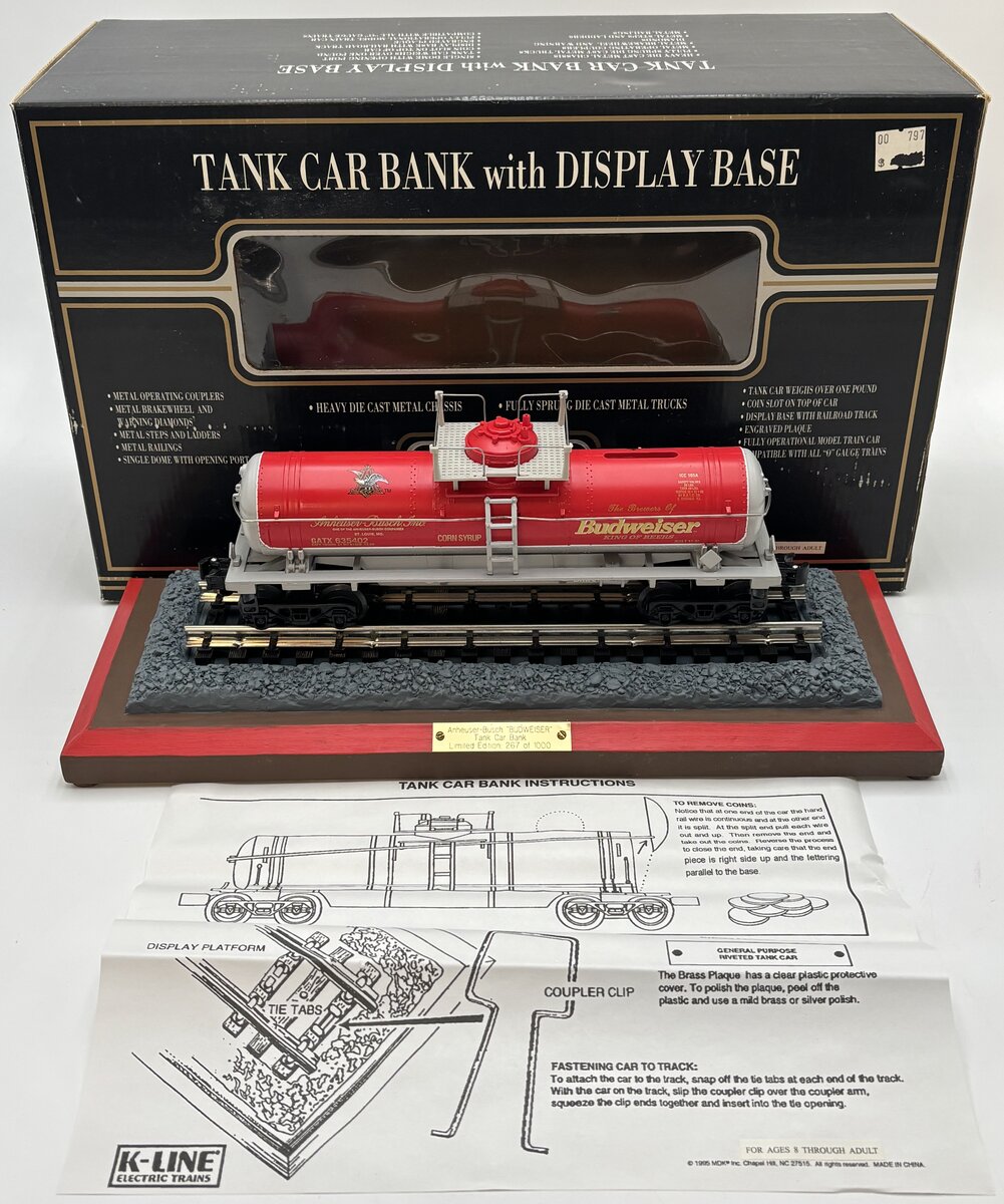 K-Line K-635402 O Anheuser Busch Tank Car Bank w/Display Case LN/Box