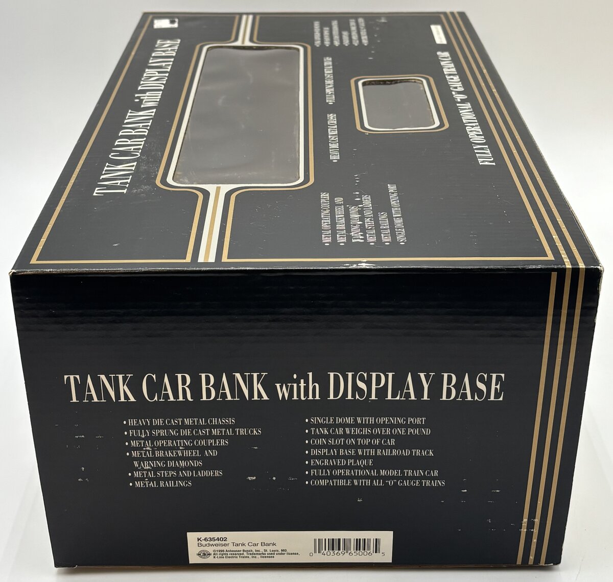 K-Line K-635402 O Anheuser Busch Tank Car Bank w/Display Case LN/Box