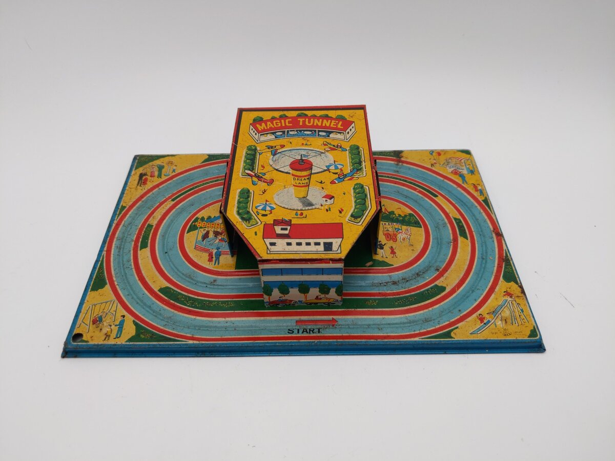 Tokyo Plaything Shokai Dream Land Bus in Magic Tunnel Wind-up Tin Toy VG