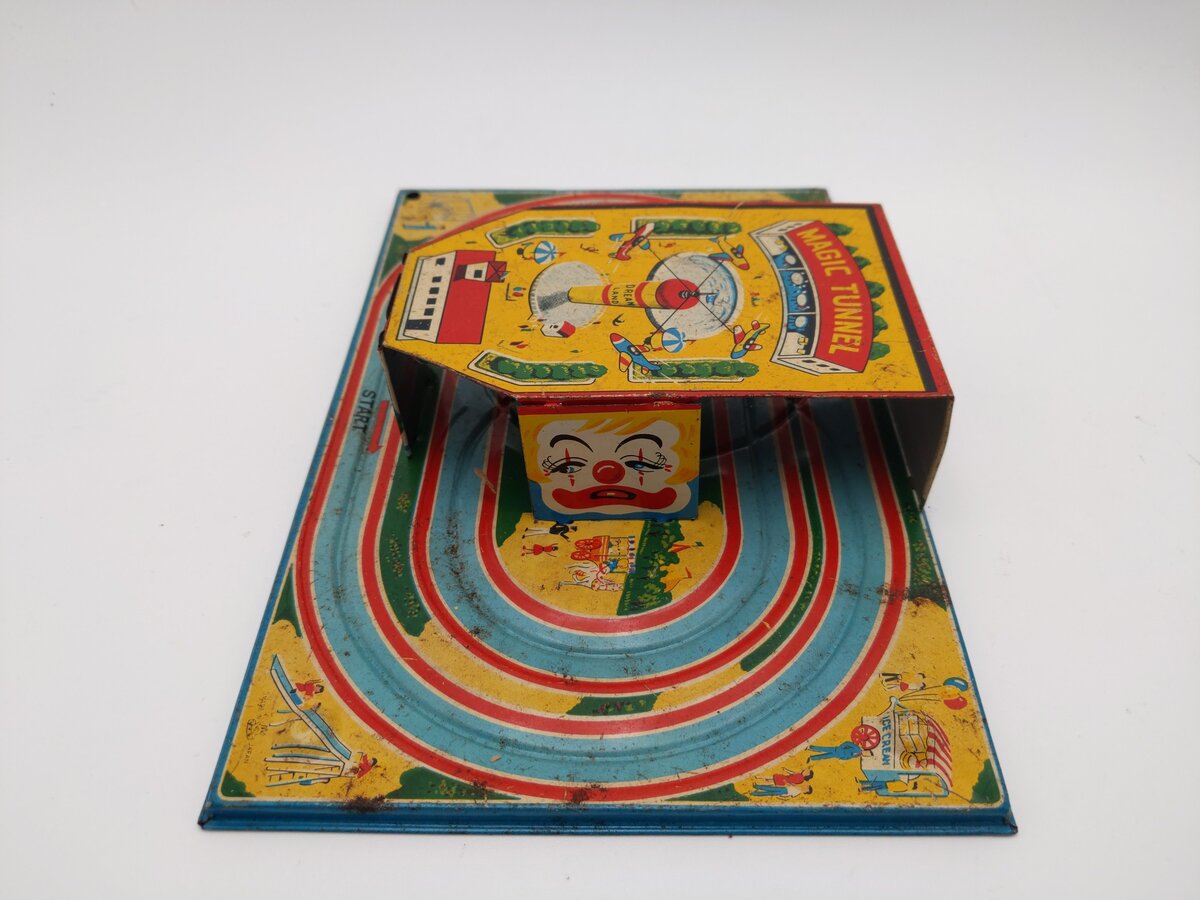 Tokyo Plaything Shokai Dream Land Bus in Magic Tunnel Wind-up Tin Toy VG