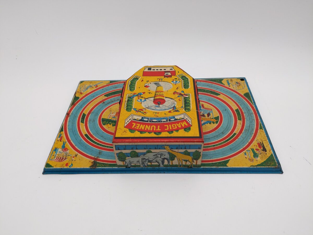 Tokyo Plaything Shokai Dream Land Bus in Magic Tunnel Wind-up Tin Toy VG