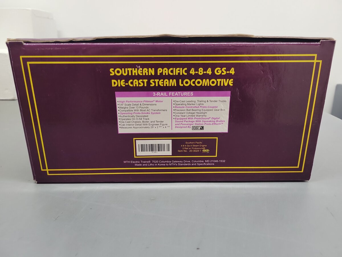 MTH 20-3029-1 O SP 4-8-4 GS-4 Diecast Steam Locomotive & Tender w/PS1 #4449 EX/Box
