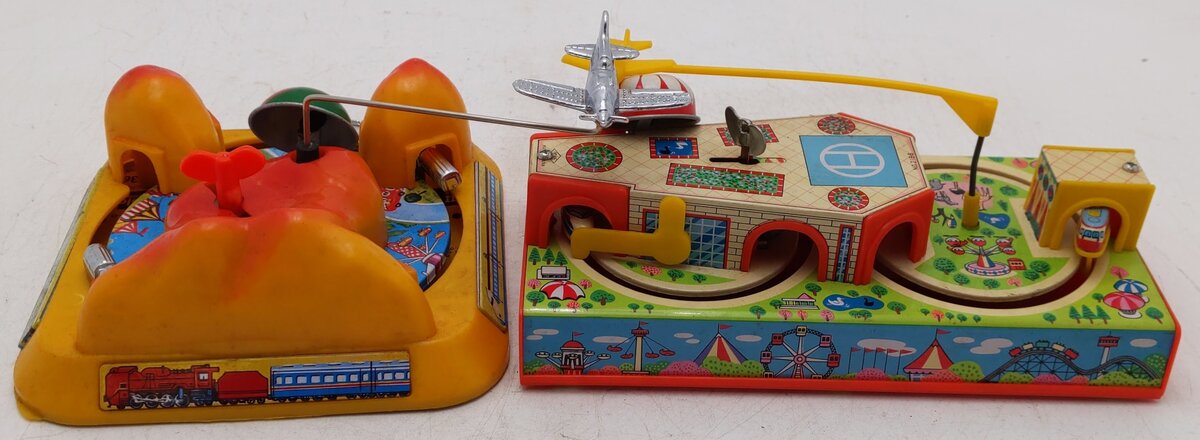 Vintage Tin Windup Train Toys w/ Airplanes [2] VG/Box