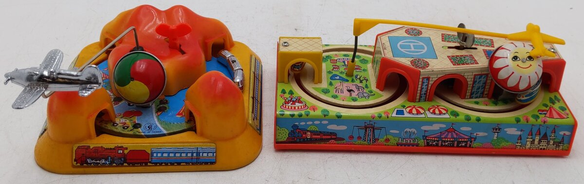 Vintage Tin Windup Train Toys w/ Airplanes [2] VG/Box