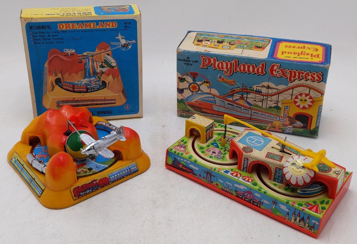 Vintage Tin Windup Train Toys w/ Airplanes [2] VG/Box