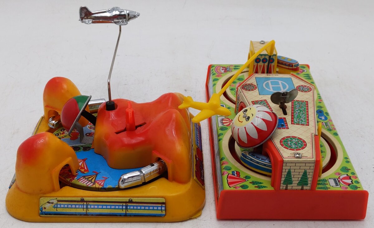 Vintage Tin Windup Train Toys w/ Airplanes [2] VG/Box