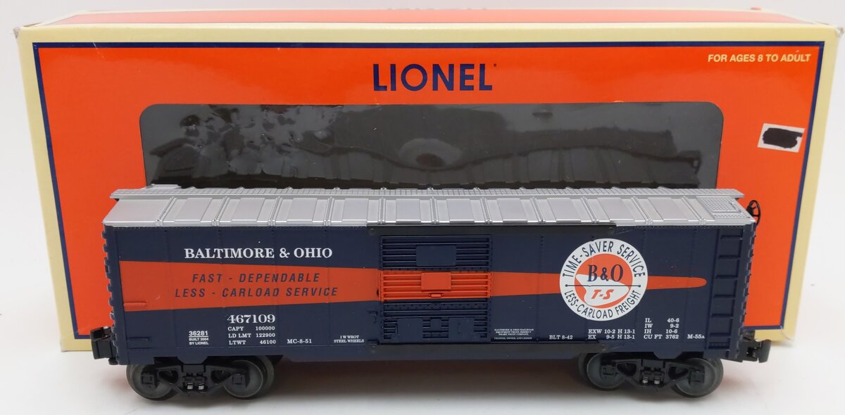 Lionel 6-36281 O Gauge Baltimore & Ohio Time Saver Boxcar #467109 EX/Box