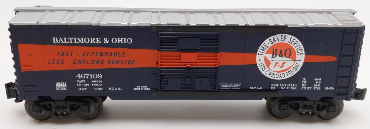 Lionel 6-36281 O Gauge Baltimore & Ohio Time Saver Boxcar #467109 EX/Box