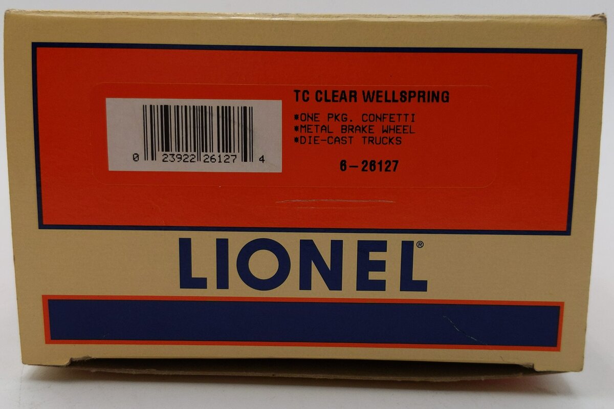 Lionel 6-26127 O TC Clear Wellspring Single Dome Confetti Tank Car NIB