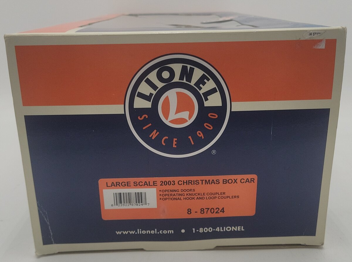 Lionel 8-87024 G Scale 2003 Christmas Boxcar EX/Box