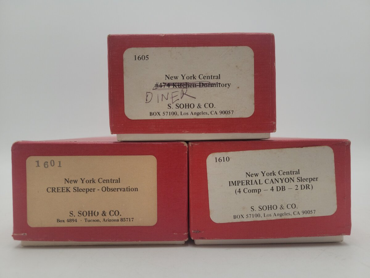 S. Soho & Co. 1610, 1601, & 1605 HO Scale Assorted Passenger Car Boxes: [3] VG/Box