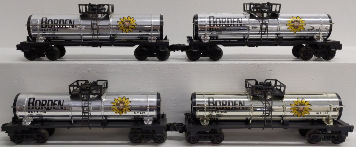 Lionel O Gauge Borden Plated Tank Cars: 6-9154 (4) EX/Box