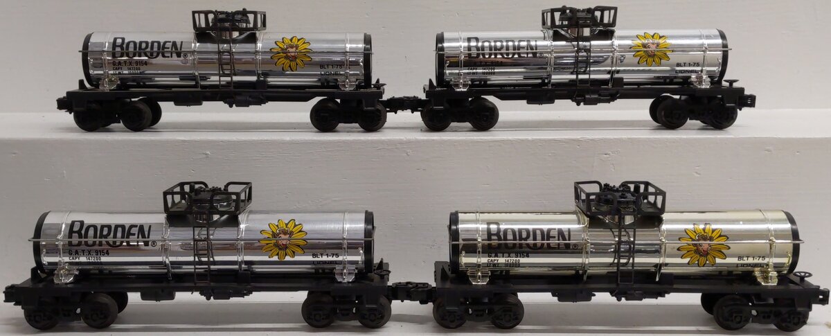 Lionel O Gauge Borden Plated Tank Cars: 6-9154 (4) EX/Box