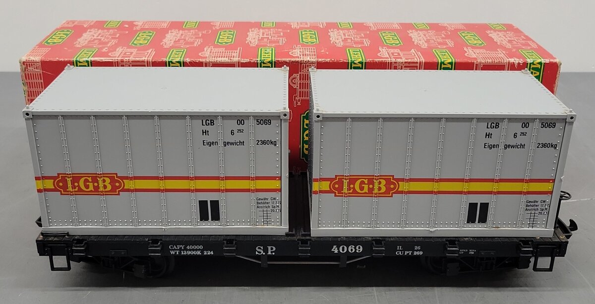 LGB 4069 G Scale Flatcar w/2 Grey LGB Containers EX/Box