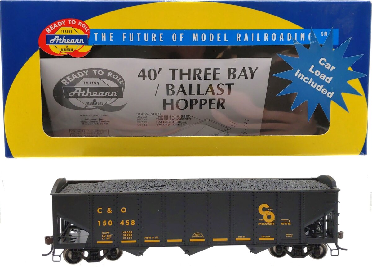 Athearn 95604 HO Scale C&O 40' 3 Bay Ribbed Hopper #150458 LN/Box