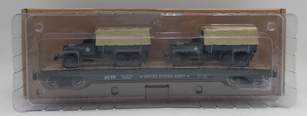 Menards 275-9200 O Scale Army Long Flatcar w/ Army Trucks #8696 NIB