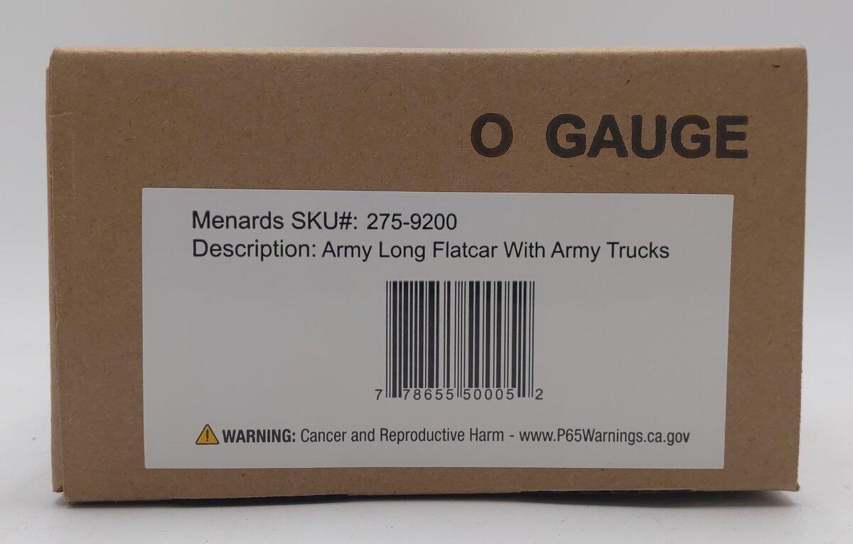 Menards 275-9200 O Scale Army Long Flatcar w/ Army Trucks #8696 NIB