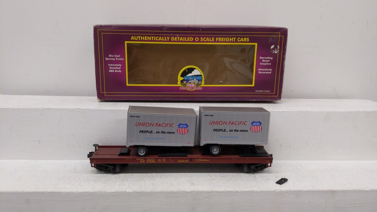 MTH 20-98107 O Gauge Union Pacific Flatcar w/2 Short Trailers #57256 EX/Box