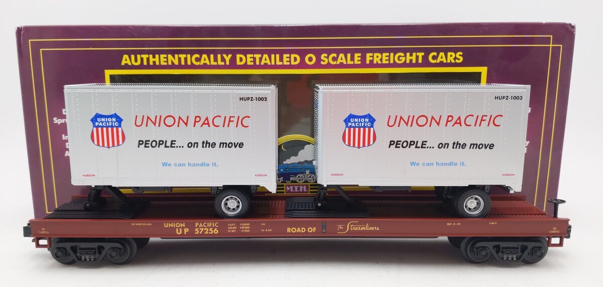 MTH 20-98107 O Gauge Union Pacific Flatcar w/2 Short Trailers #57256 EX/Box