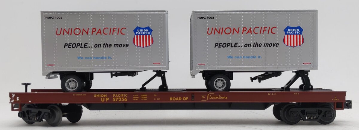 MTH 20-98107 O Gauge Union Pacific Flatcar w/2 Short Trailers #57256 EX/Box