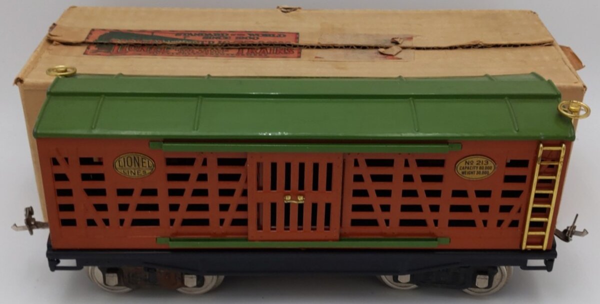 Lionel 213 Vintage Standard Gauge Tera Cotta & Green Cattle Car VG/Box