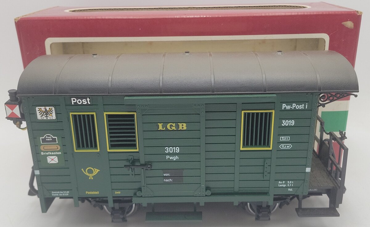 LGB 3019 G Scale Mail Post Car with Lights (Metal Wheels) EX/Box