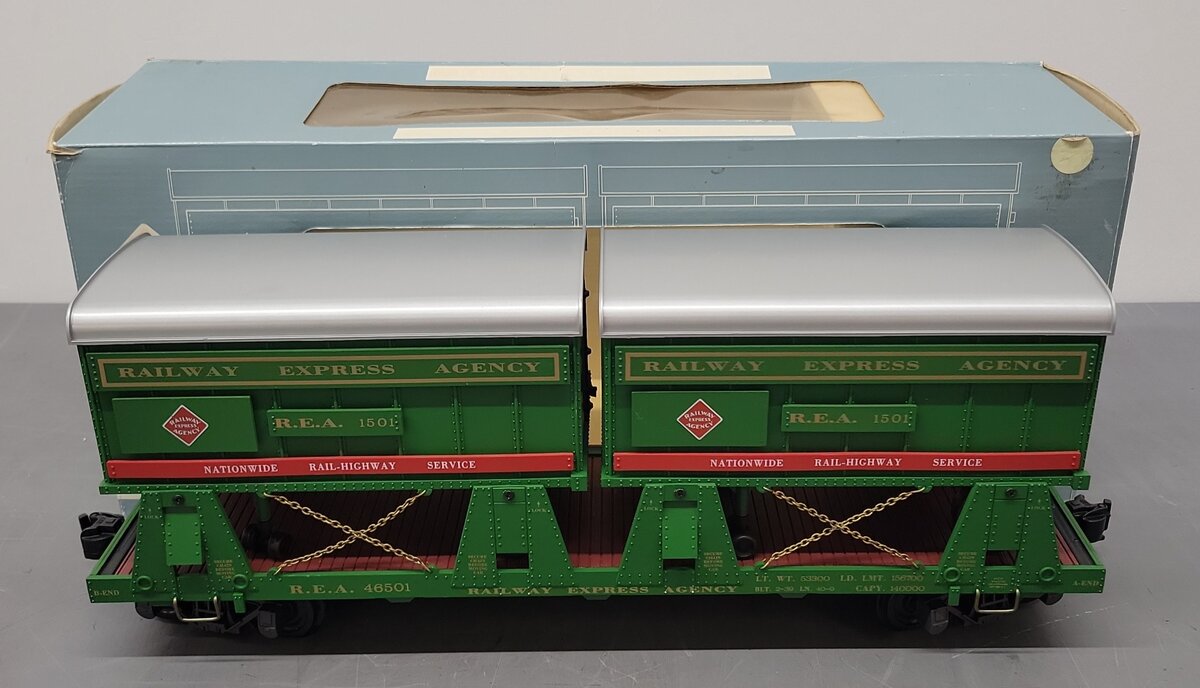 REA REA-46501 G Scale Piggyback Flat Car w/2 Trailers EX/Box