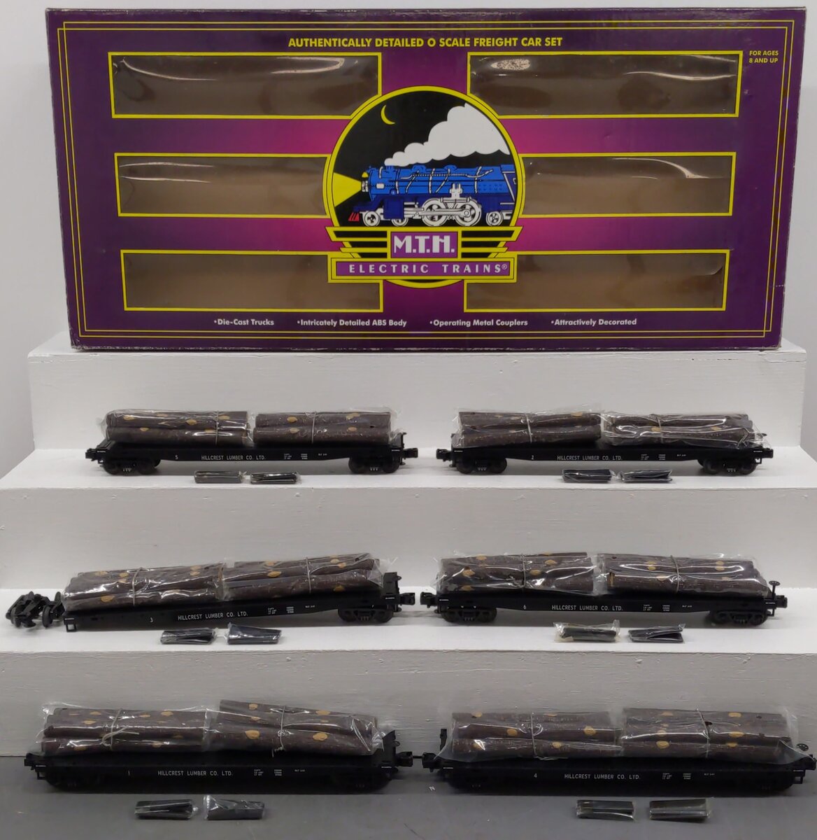 MTH 20-98119 O Gauge Hill Crest Lumber Co. Flat Car Set with Logs (Set of 6) EX/Box