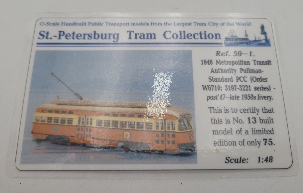 St. Petersburg Tram Collection 59-1 O Scale MTA 1946 Pullman-Standard PCC 2-Rail EX/Box