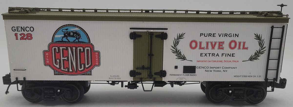 MTH 20-94615 O Gauge Genco Olive Oil Woodside Reefer Car #128 EX/Box