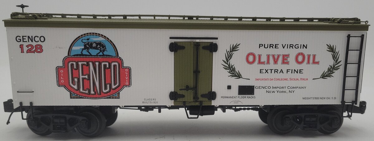 MTH 20-94615 O Gauge Genco Olive Oil Woodside Reefer Car #128 EX/Box