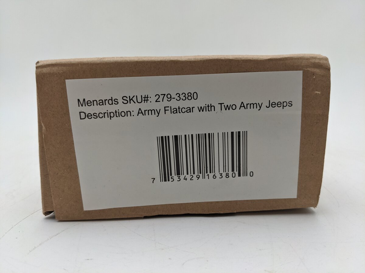 Menards 279-3380 O Army Flatcar w/ Two Jeeps #11067 NIB