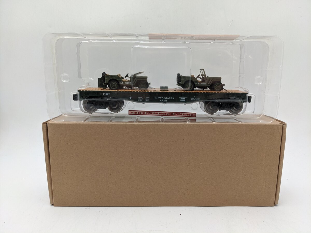Menards 279-3380 O Army Flatcar w/ Two Jeeps #11067 NIB