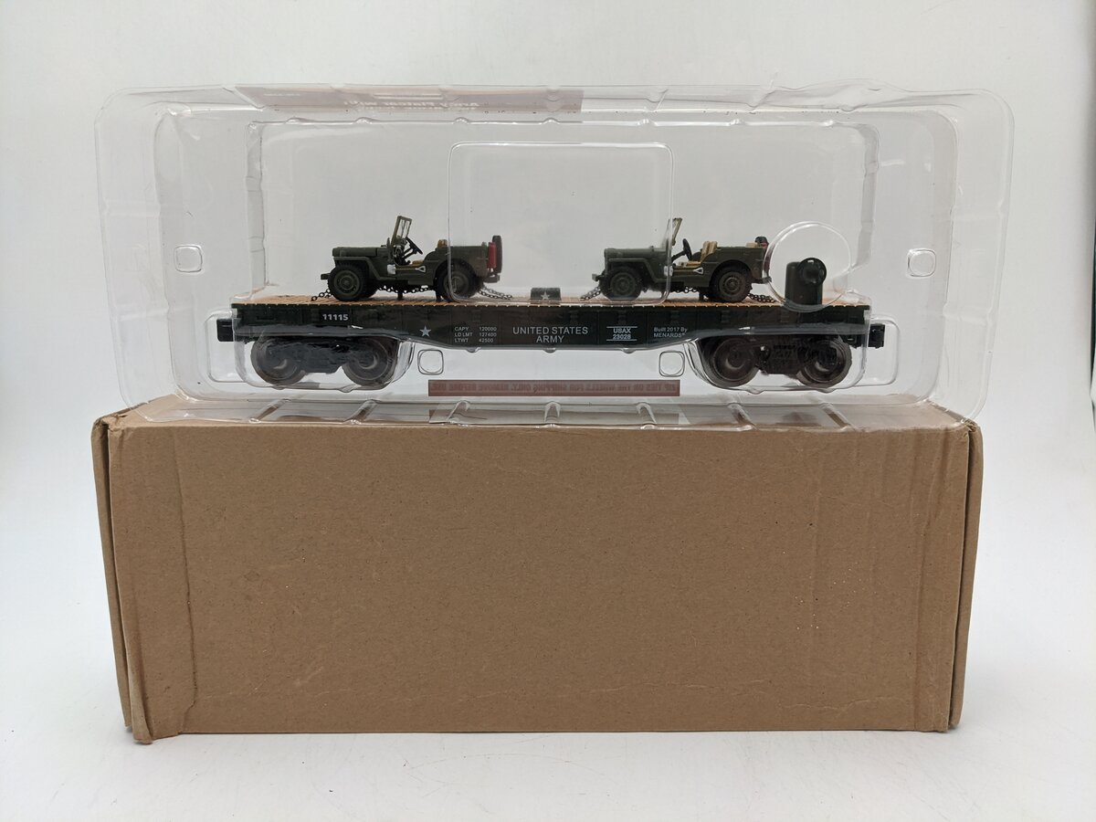 Menards 279-3380 O Army Flatcar w/ Two Jeeps #11115 NIB