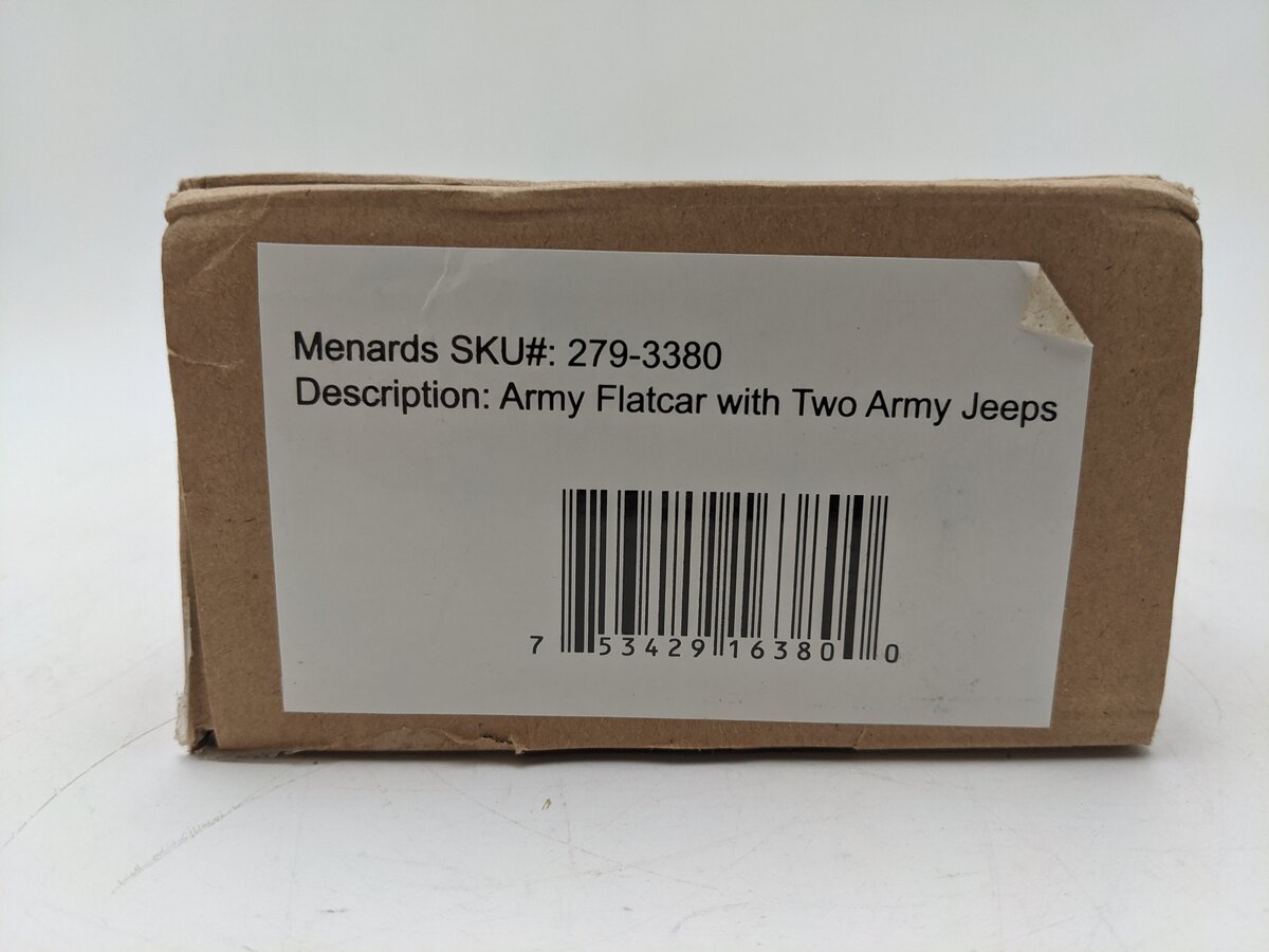 Menards 279-3380 O Army Flatcar w/ Two Jeeps #11115 NIB
