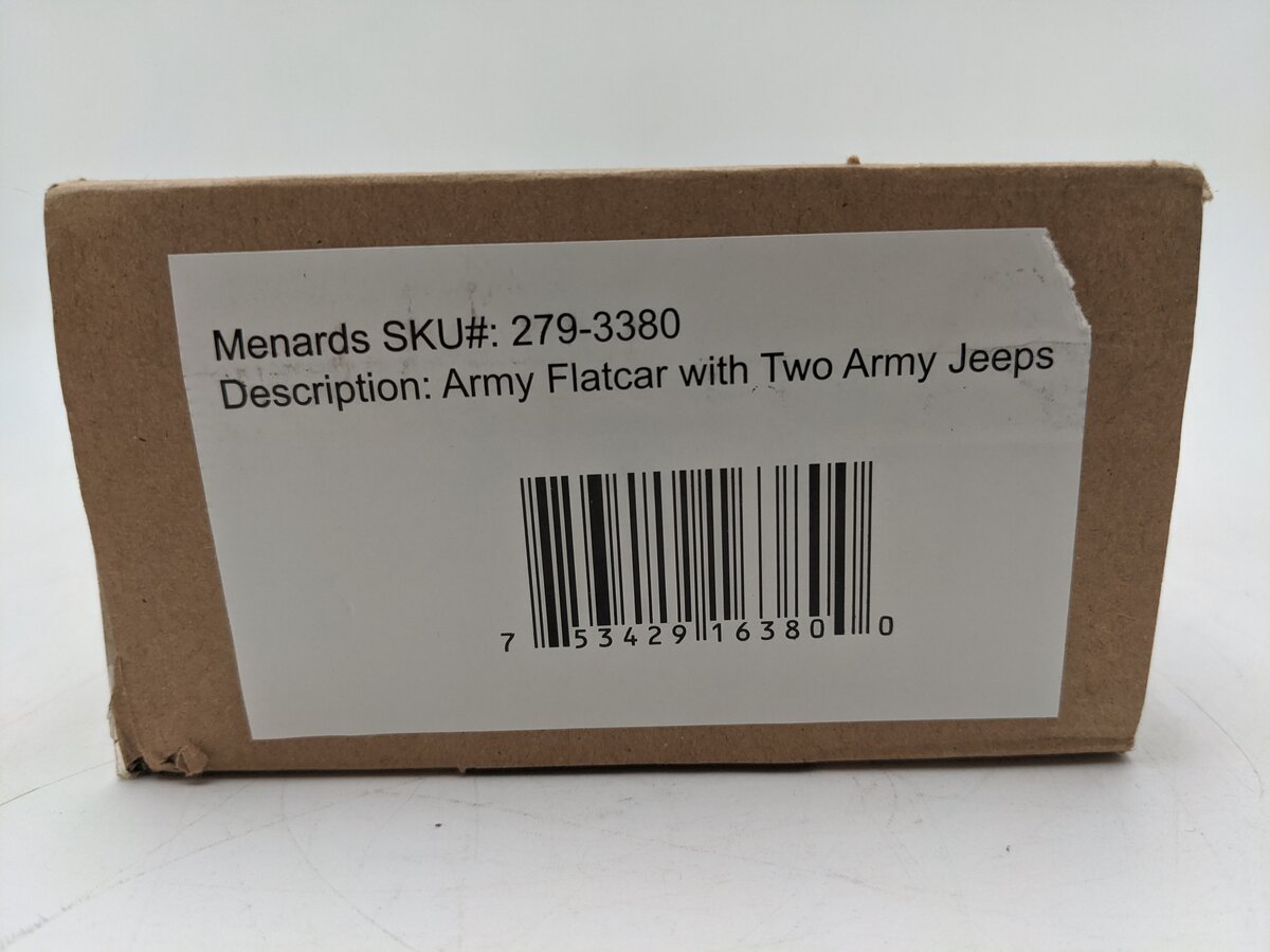 Menards 279-3380 O Army Flatcar w/ Two Jeeps #10789 NIB