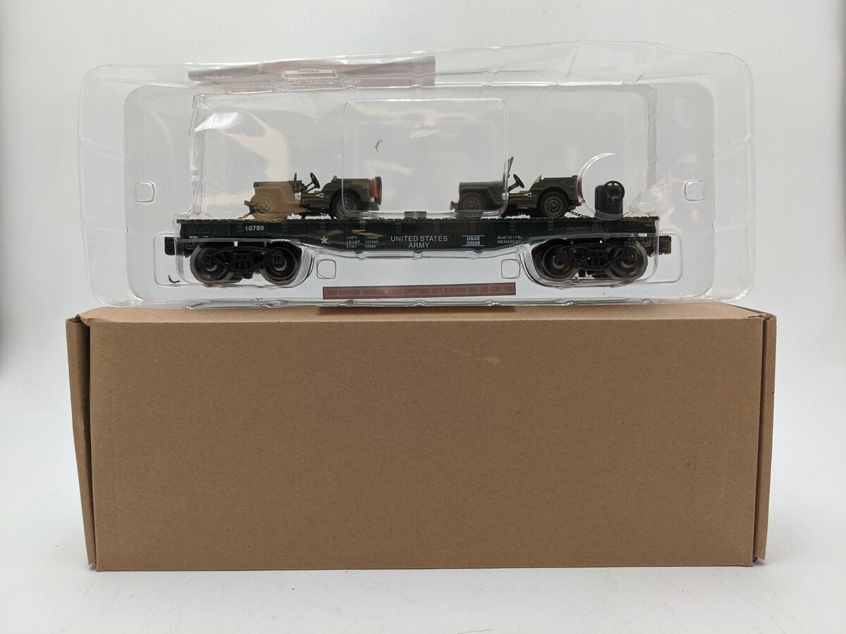 Menards 279-3380 O Army Flatcar w/ Two Jeeps #10789 NIB