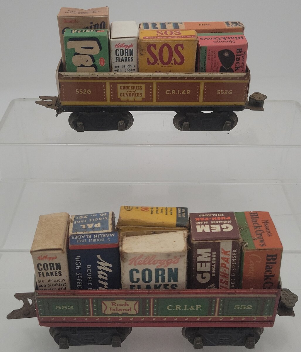 Marx 552 & 552G Vintage O Rock Island Lithographed Tin Gondolas [2] VG