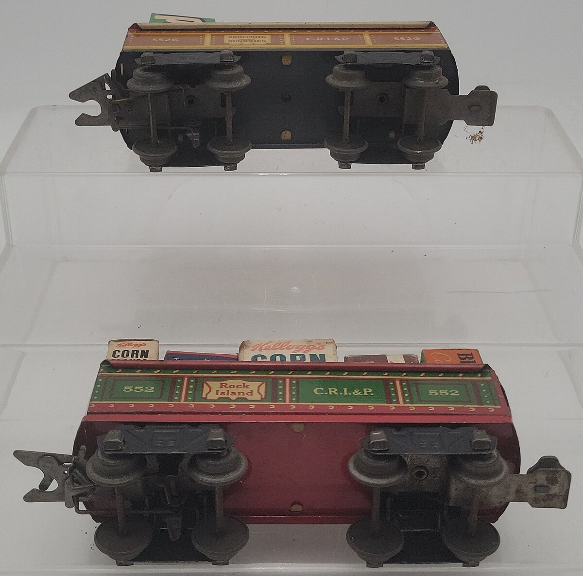 Marx 552 & 552G Vintage O Rock Island Lithographed Tin Gondolas [2] VG