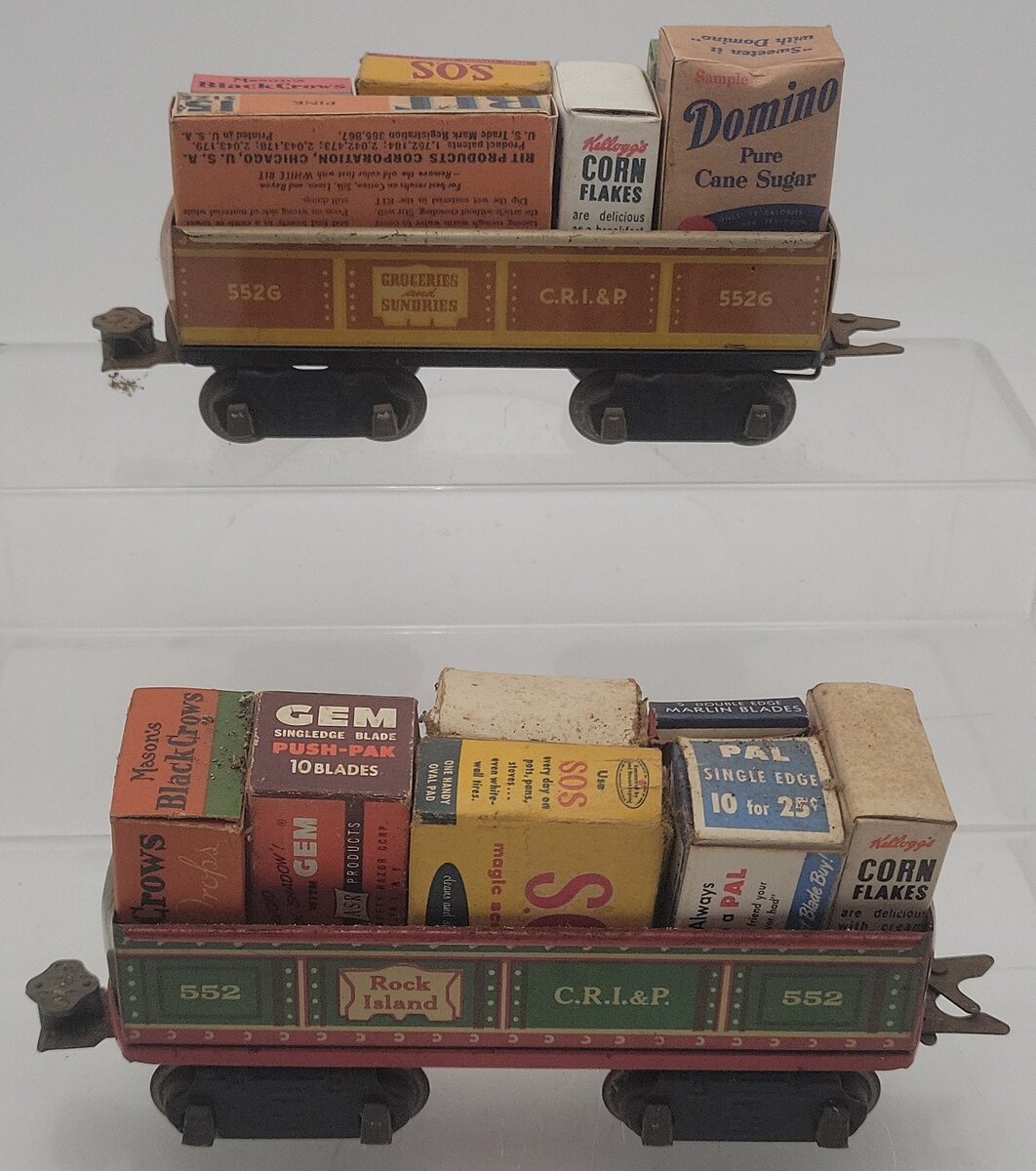 Marx 552 & 552G Vintage O Rock Island Lithographed Tin Gondolas [2] VG