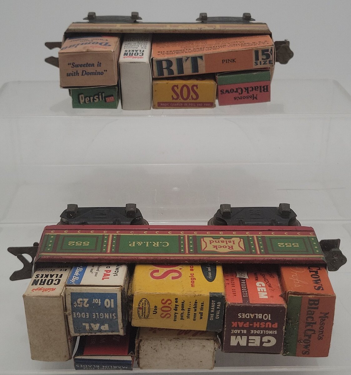 Marx 552 & 552G Vintage O Rock Island Lithographed Tin Gondolas [2] VG