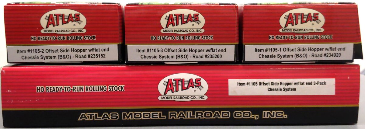 Atlas 1105 HO Scale Chessie/B&O Offset Side Hopper w/Flat End (Pack of 3) LN/Box