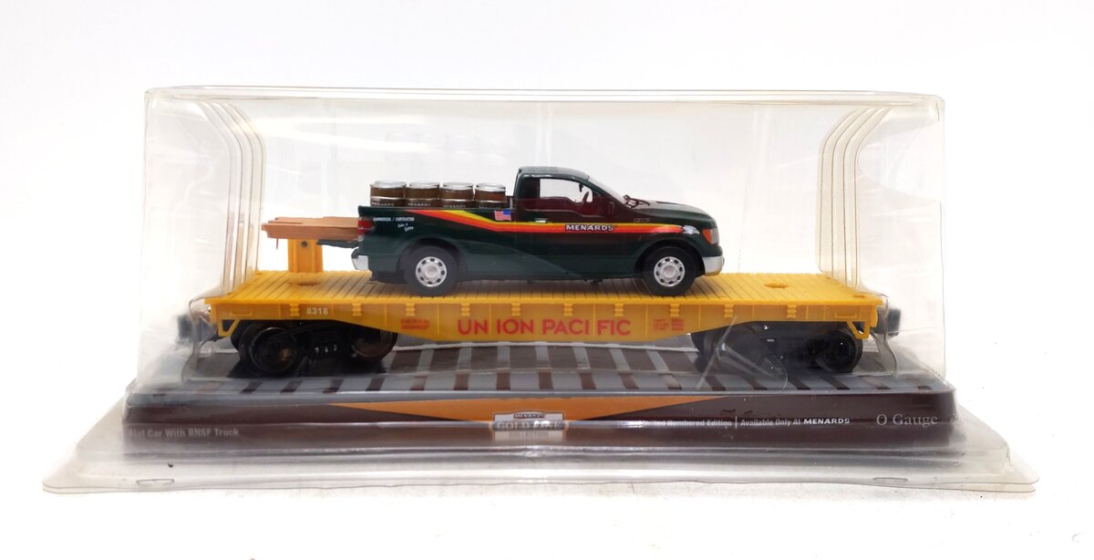 Menards 279-0710 Union Pacific Flatcar #8318 w/ F-150 & Barrels MT/Box