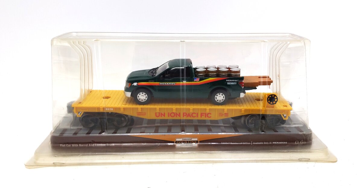 Menards 279-0710 Union Pacific Flatcar #8318 w/ F-150 & Barrels MT/Box